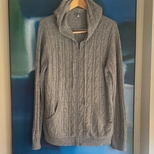 Neiman Marcus Gray Hooded Zip-Up Cable Knit Sweater Merino Wool Cashmere